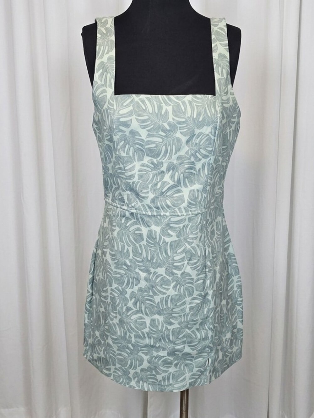 Trixxi Sage Leaf Print Square-Neck Mini Dress